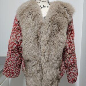 NEW Real Mink Fur Jacket Coat Oversized Blue Silver Fox Fur Collar Geometric